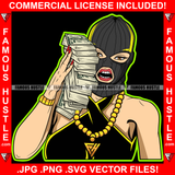 Streets On Lock Sexy Female Lady Ski Mask Red Nails Holding Big Money Stack Gold Jewelry Chain Necklace Hip Hop Rap Plug Trap Hood Ghetto Thug Hustling Famous Hustle Art Graphic Design Logo T-Shirt Print Printing JPG PNG SVG Vector Cut File