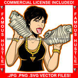 Famous Hustle White Sexy Woman Gold Necklace Lady Jewelry Cash Money Bundles Tongue Out Girl Female Tattoo Hip Hop Rap Plug Trap Swag Hustler Hustling Art Graphic Design Logo T-Shirt Print Printing JPG PNG SVG Vector Cut File
