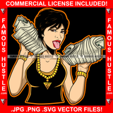 Famous Hustle White Sexy Woman Gold Necklace Lady Jewelry Cash Money Bundles Tongue Out Girl Female Tattoo Hip Hop Rap Plug Trap Swag Hustler Hustling Art Graphic Design Logo T-Shirt Print Printing JPG PNG SVG Vector Cut File