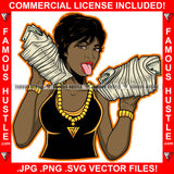 Famous Hustle Black Sexy Woman Gold Necklace Lady Jewelry Cash Money Bundles Tongue Out Girl Female Tattoo Hip Hop Rap Plug Trap Swag Hustler Hustling Art Graphic Design Logo T-Shirt Print Printing JPG PNG SVG Vector Cut File