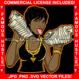 Famous Hustle Black Sexy Woman Gold Necklace Lady Jewelry Cash Money Bundles Tongue Out Girl Female Tattoo Hip Hop Rap Plug Trap Swag Hustler Hustling Art Graphic Design Logo T-Shirt Print Printing JPG PNG SVG Vector Cut File