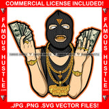 Gangster Man Ski Mask Two Hands Cash Robber Gold Teeth White Eyes Watch Jewelry Necklace Rings Hip Hop Rap Rapper Plug Trap Street Hood Thug Hustling Drip Famous Art Graphic Design Logo T-Shirt Print Printing JPG PNG SVG Vector Cut File