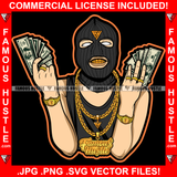 Gangster Man Ski Mask Two Hands Cash Robber Gold Teeth White Eyes Watch Jewelry Necklace Rings Hip Hop Rap Rapper Plug Trap Street Hood Thug Hustling Drip Famous Art Graphic Design Logo T-Shirt Print Printing JPG PNG SVG Vector Cut File