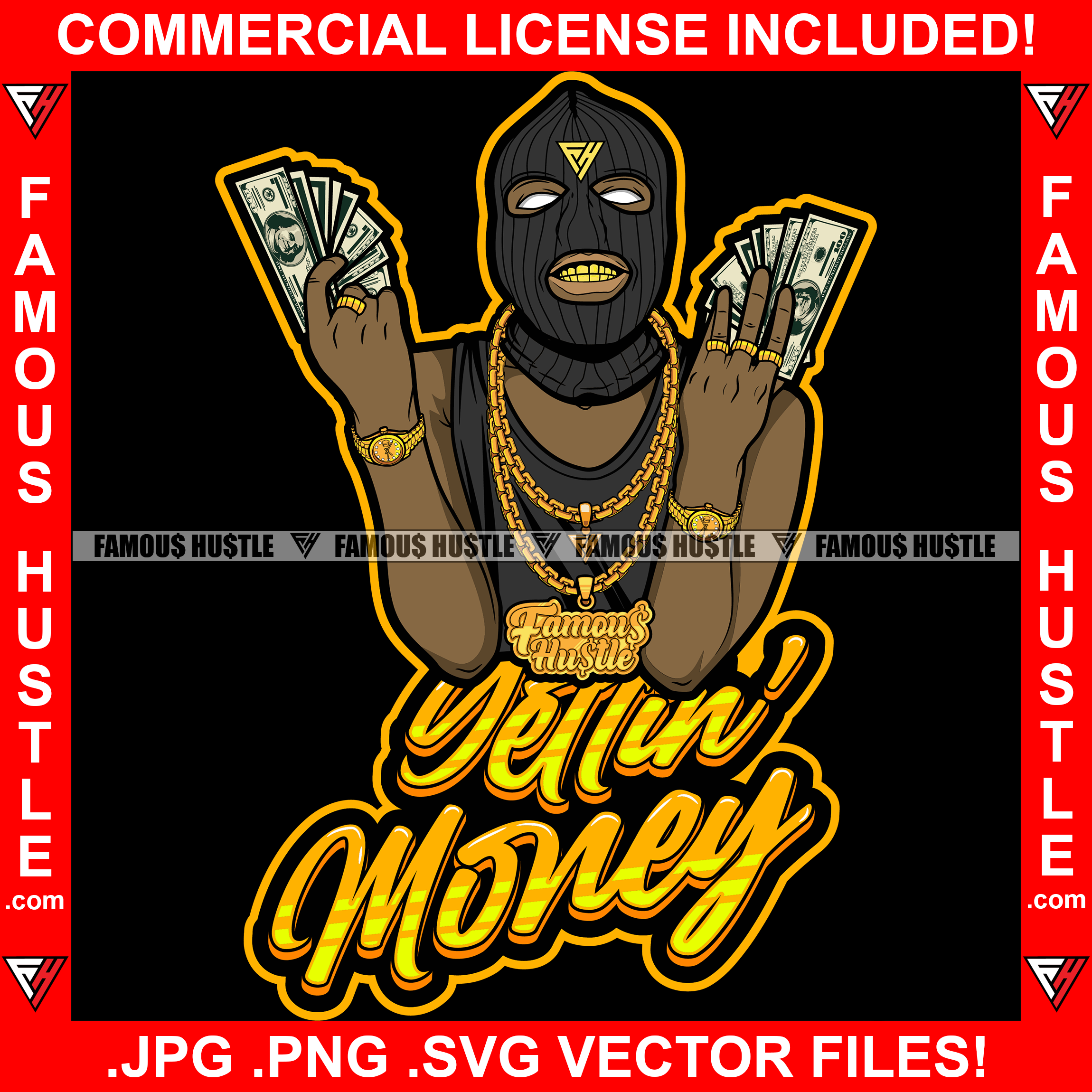Gettin' Money Gangster Black Man Ski Mask Two Hands Cash Robber Gold Teeth Watch Jewelry Necklace Rings Hip Hop Rap Rapper Plug Trap Street Hood Thug Hustling Drip Famous Quote Art Graphic Design Logo T-Shirt Print Printing JPG PNG SVG Vector Cut File