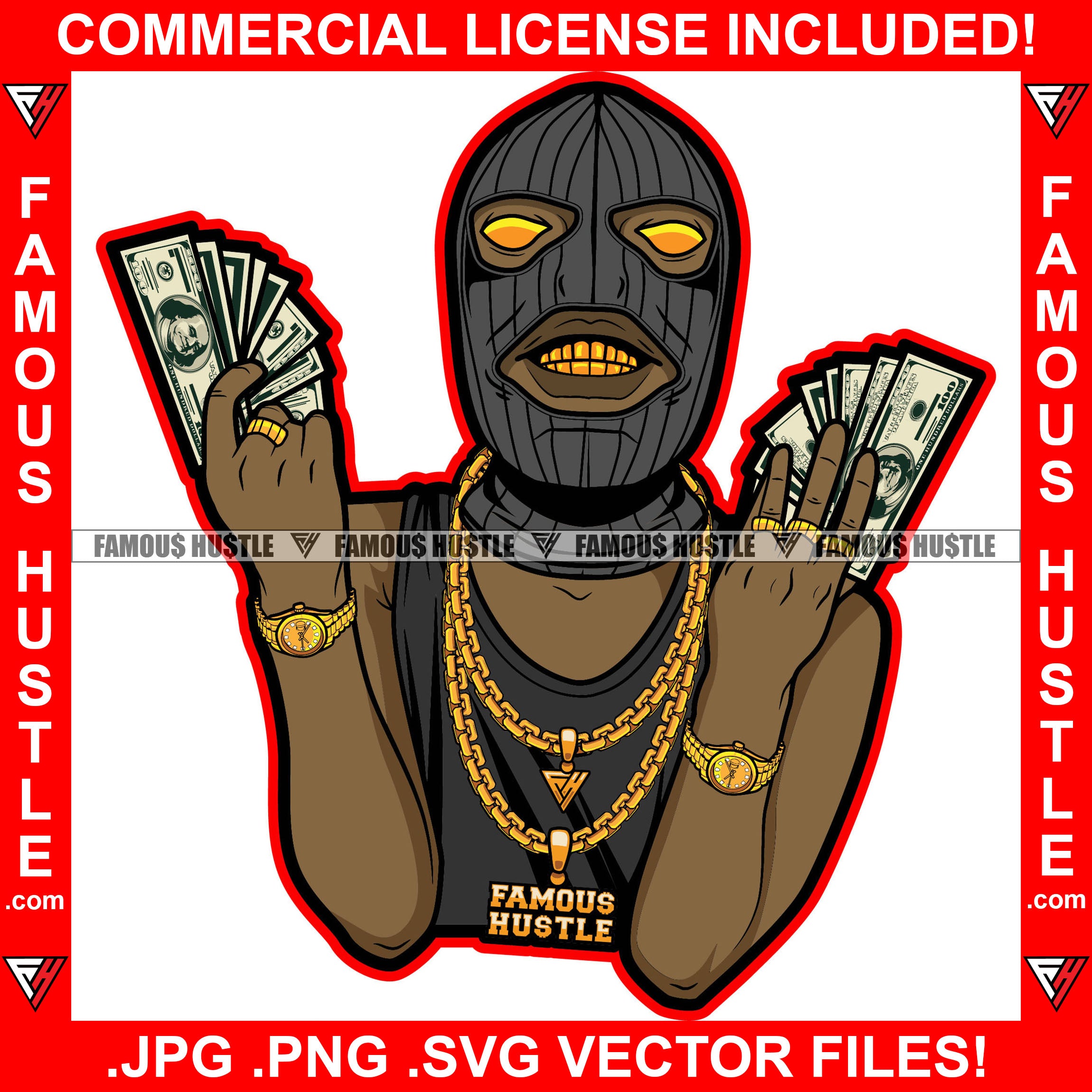 Gangster Black Man Ski Mask Two Hands Cash Robber Gold Teeth Yellow Eyes Watch Jewelry Necklace Rings Hip Hop Rap Rapper Plug Trap Street Hood Thug Hustling Drip Famous Art Graphic Design Logo T-Shirt Print Printing JPG PNG SVG Vector Cut File