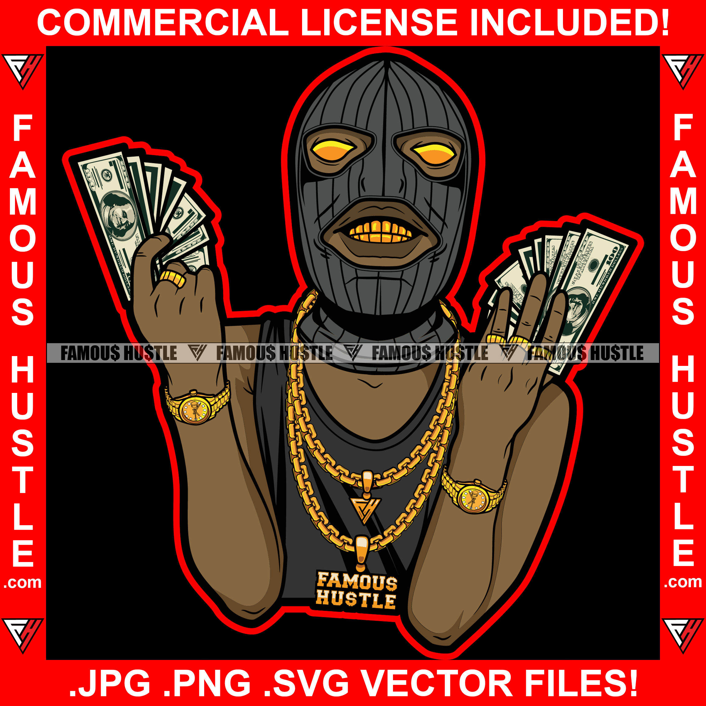 Gangster Black Man Ski Mask Two Hands Cash Robber Gold Teeth Yellow Eyes Watch Jewelry Necklace Rings Hip Hop Rap Rapper Plug Trap Street Hood Thug Hustling Drip Famous Art Graphic Design Logo T-Shirt Print Printing JPG PNG SVG Vector Cut File