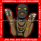 Gangster Black Man Ski Mask Two Hands Cash Robber Gold Teeth Yellow Eyes Watch Jewelry Necklace Rings Hip Hop Rap Rapper Plug Trap Street Hood Thug Hustling Drip Famous Art Graphic Design Logo T-Shirt Print Printing JPG PNG SVG Vector Cut File
