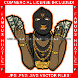 Savage Gangster Wearing Ski Mask Gang Member Gold Necklace Chains Showing Gold Teeth Cash Money Hands Grill Hip Hop Rap Plug Trap Street Hood Ghetto Thug Famous Hustle Rich Art Graphic Design Logo T-Shirt Print Printing JPG PNG SVG Vector Cut File