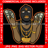 Savage Gangster Wearing Ski Mask Gang Member Gold Necklace Chains Showing Gold Teeth Cash Money Hands Grill Hip Hop Rap Plug Trap Street Hood Ghetto Thug Famous Hustle Rich Art Graphic Design Logo T-Shirt Print Printing JPG PNG SVG Vector Cut File
