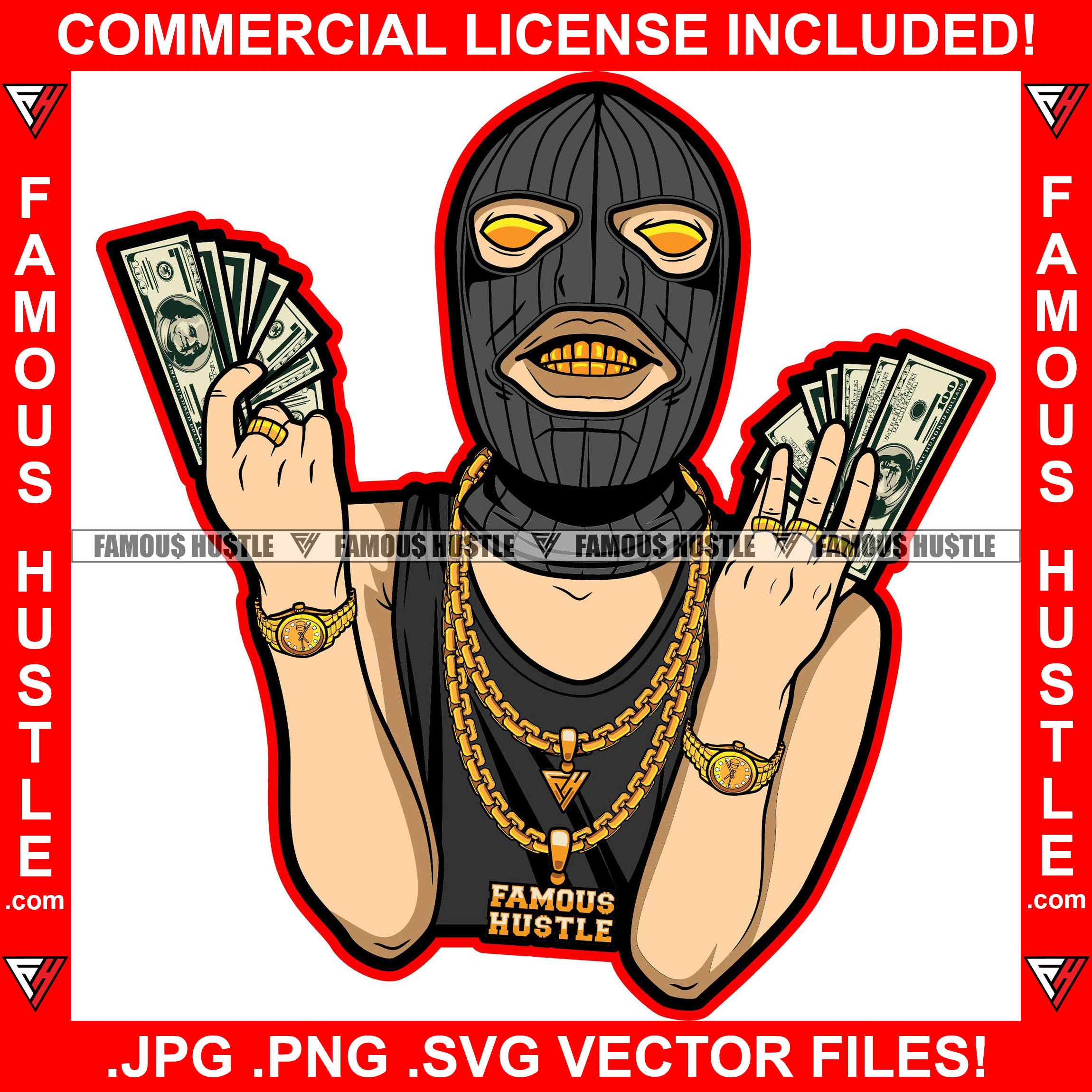 Gangster White Man Ski Mask Two Hands Cash Robber Gold Teeth Yellow Eyes Watch Jewelry Necklace Rings Hip Hop Rap Rapper Plug Trap Street Hood Thug Hustling Drip Famous Art Graphic Design Logo T-Shirt Print Printing JPG PNG SVG Vector Cut File