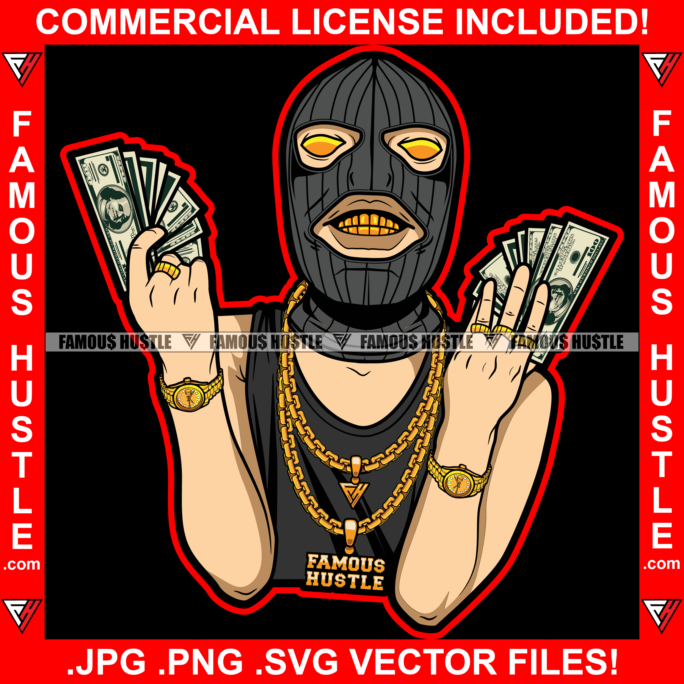 Gangster White Man Ski Mask Two Hands Cash Robber Gold Teeth Yellow Eyes Watch Jewelry Necklace Rings Hip Hop Rap Rapper Plug Trap Street Hood Thug Hustling Drip Famous Art Graphic Design Logo T-Shirt Print Printing JPG PNG SVG Vector Cut File