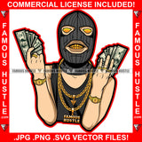 Gangster White Man Ski Mask Two Hands Cash Robber Gold Teeth Yellow Eyes Watch Jewelry Necklace Rings Hip Hop Rap Rapper Plug Trap Street Hood Thug Hustling Drip Famous Art Graphic Design Logo T-Shirt Print Printing JPG PNG SVG Vector Cut File
