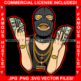 Gangster White Man Ski Mask Two Hands Cash Robber Gold Teeth Yellow Eyes Watch Jewelry Necklace Rings Hip Hop Rap Rapper Plug Trap Street Hood Thug Hustling Drip Famous Art Graphic Design Logo T-Shirt Print Printing JPG PNG SVG Vector Cut File