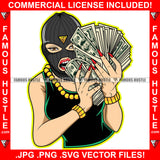Street Legend Dripping Sexy White Female Gangster Ski Mask Cash Money Hands Gold Jewelry Robber Face Mask Rap Rapper Plug Trap Ghetto Swag Thug Drip Famous Hustle Art Graphic Design Logo T-Shirt Print Printing JPG PNG SVG Vector Cut File