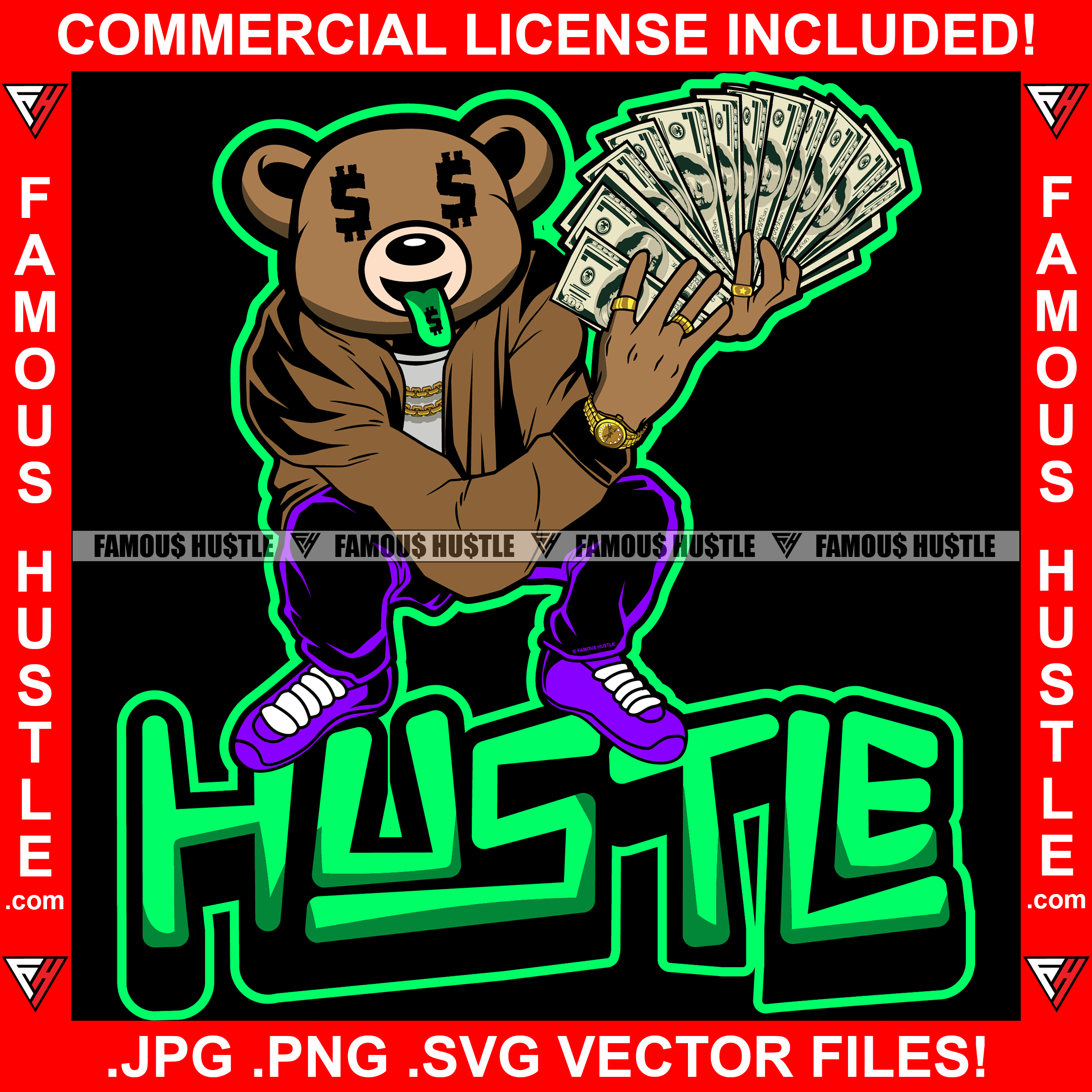 Hustle Gangster Teddy Bear Dollar Sign Eyes Sticking Green Tongue Out Showing Cash Spread Gold Jewelry Hip Hop Rap Rapper Plug Trap Street Hood Ghetto Hustler Hustling Quote Art Graphic Design Logo T-Shirt Print Printing JPG PNG SVG Vector Cut File