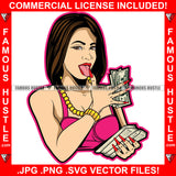 Famous Hustle Cash Runner Sexy Gangster Woman Female White Lady Nails Counting Money Bundles Gold Jewelry Hip Hop Rap Trap Hood Thug Hustler Hustling Baller Trapper Art Graphic Design Logo T-Shirt Print Printing JPG PNG SVG Vector Cut File