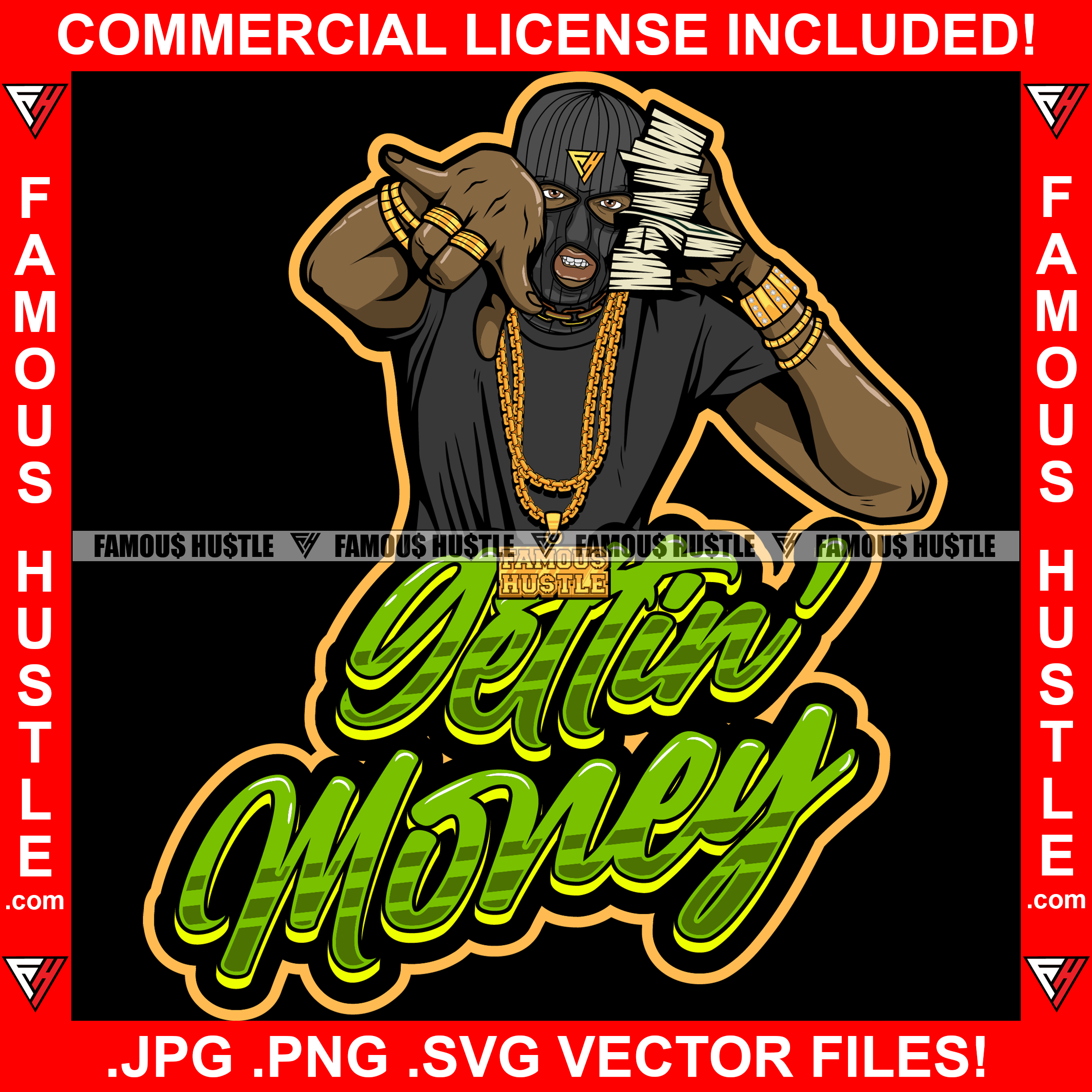 Gettin' Money Gangster Man Money Ski Mask Cash Stack Holding Cell Phone Hip Hop Rap Trap Street Hood Ghetto Thug Boss Hustler Hustling Drip Famous Hustle Rich Gang Member Quote Art Graphic Design Logo T-Shirt Print Printing JPG PNG SVG Vector Cut File