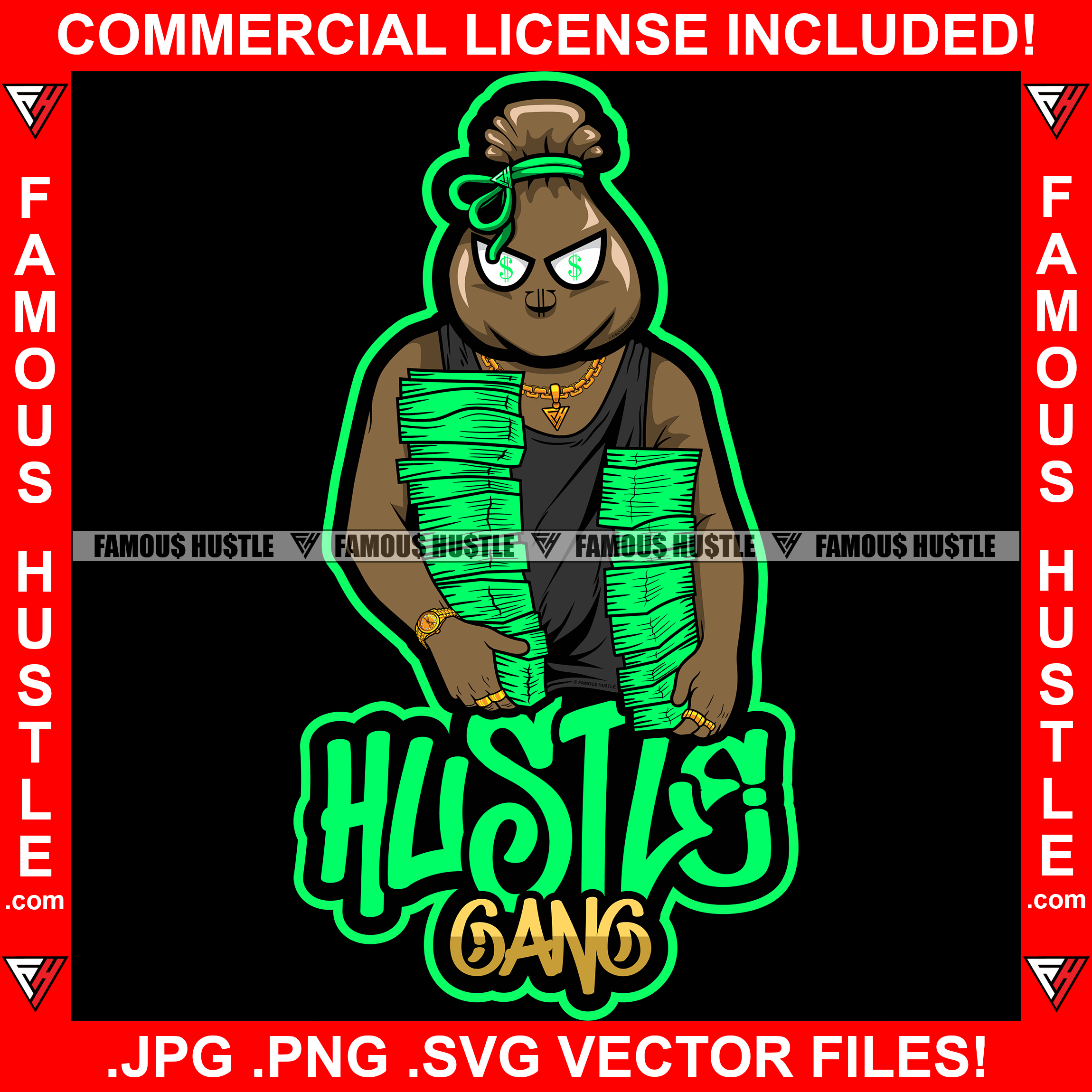 Hustle Gang Bag Cartoon Character Gold Necklace Two Huge Cash Stacks Dollar Sign Eyes Tattoo Hip Hop Rap Hustler Drip Trap Hood Thug Gang Street Ghetto Rich Famous Quote Art Graphic Design Logo T-Shirt Print Printing JPG PNG SVG Vector Cut File