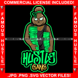 Hustle Gang Bag Cartoon Character Gold Necklace Two Huge Cash Stacks Dollar Sign Eyes Tattoo Hip Hop Rap Hustler Drip Trap Hood Thug Gang Street Ghetto Rich Famous Quote Art Graphic Design Logo T-Shirt Print Printing JPG PNG SVG Vector Cut File