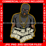 Paid In Full Famous Hustle Gangster Hustle Black Man Ski Mask Gold Teeth Jewelry Face Mask Cash Money Bundles Hip Hop Rap Rapper Plug Trap Street Hood Ghetto Hustling Drip Art Graphic Design Logo T-Shirt Print Printing JPG PNG SVG Vector Cut File