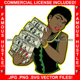 Paid In Full Black Sexy Female Lady Red Nails Holding Big Cash Money Stack Gold Dollar Sign Jewelry Earrings Hip Hop Rap Plug Trap Hood Ghetto Thug Hustling Famous Hustle Art Graphic Design Logo T-Shirt Print Printing JPG PNG SVG Vector Cut File
