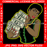 Paid In Full Black Sexy Female Lady Red Nails Holding Big Cash Money Stack Gold Dollar Sign Jewelry Earrings Hip Hop Rap Plug Trap Hood Ghetto Thug Hustling Famous Hustle Art Graphic Design Logo T-Shirt Print Printing JPG PNG SVG Vector Cut File