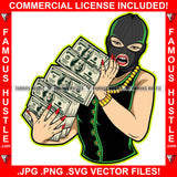 Cash Only Sexy Female Lady Ski Mask Red Nails Holding Big Money Stack Gold Jewelry Chain Necklace Hip Hop Rap Plug Trap Hood Ghetto Thug Hustling Famous Hustle Art Graphic Design Logo T-Shirt Print Printing JPG PNG SVG Vector Cut File