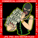 Cash Only Sexy Female Lady Ski Mask Red Nails Holding Big Money Stack Gold Jewelry Chain Necklace Hip Hop Rap Plug Trap Hood Ghetto Thug Hustling Famous Hustle Art Graphic Design Logo T-Shirt Print Printing JPG PNG SVG Vector Cut File