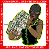 Cash Only Black Sexy Female Lady Ski Mask Red Nails Holding Big Money Stack Gold Jewelry Chain Necklace Hip Hop Rap Plug Trap Hood Ghetto Thug Hustling Famous Hustle Art Graphic Design Logo T-Shirt Print Printing JPG PNG SVG Vector Cut File