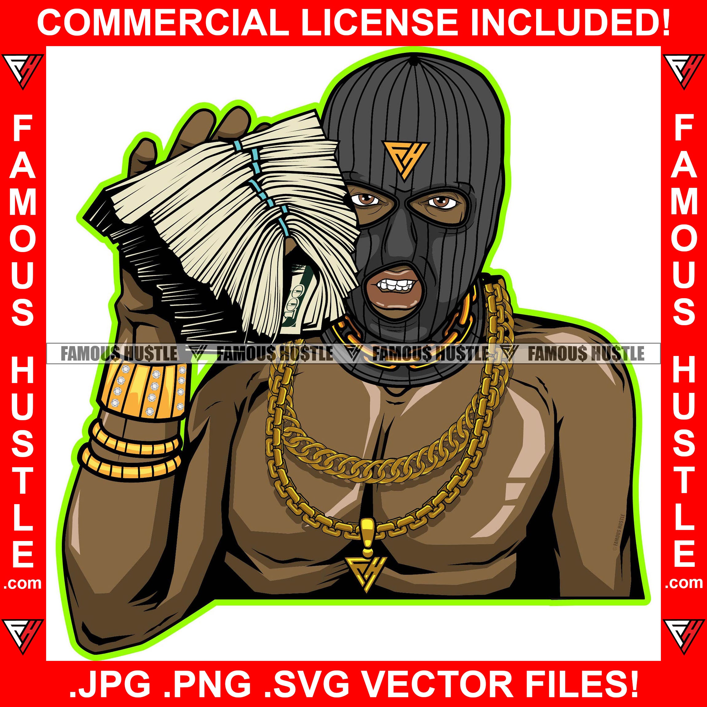 Respect Gangster Black Man Ski Mask Gold Jewelry Cash Money Stack