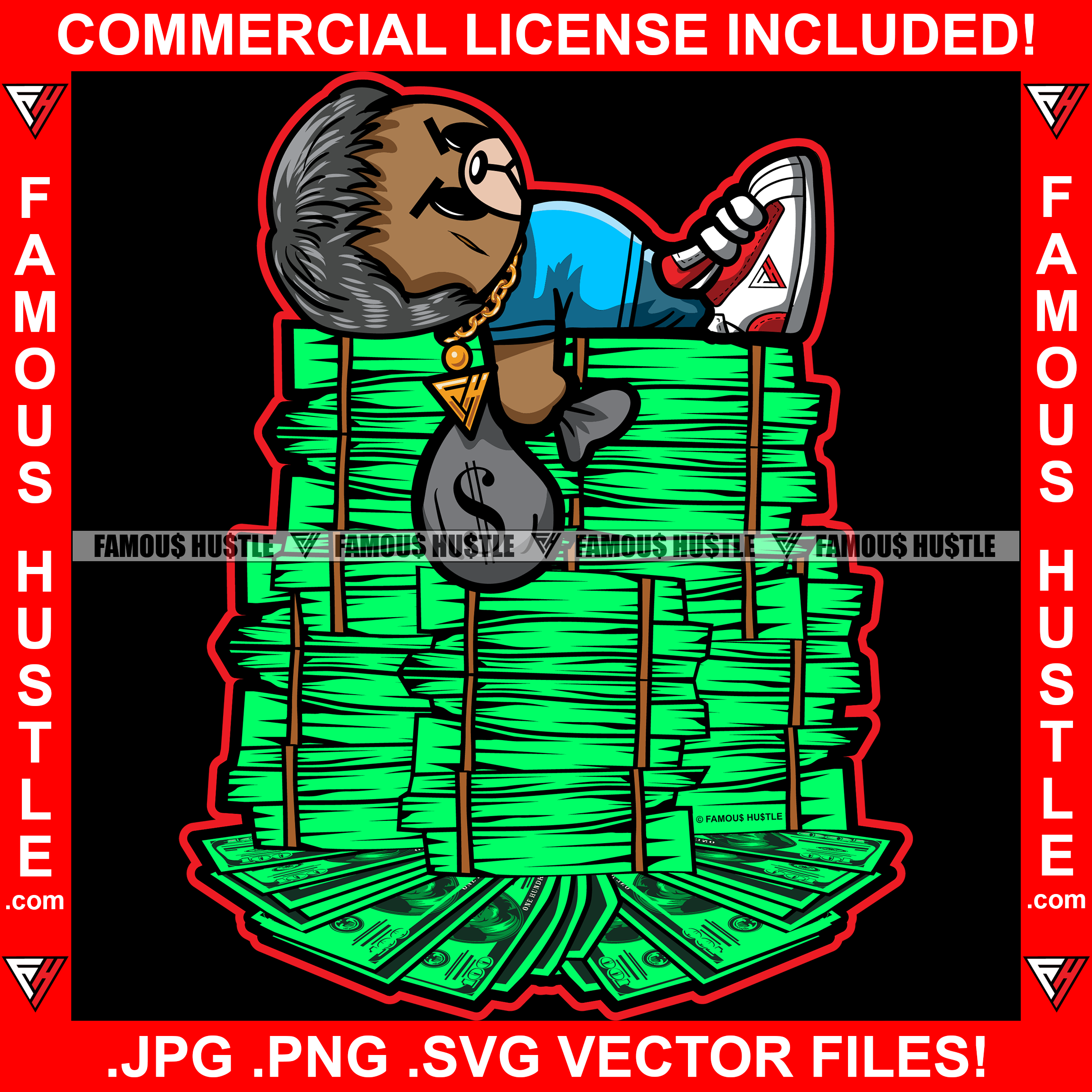 Famous Hustle Gangster Teddy Bear Scar Face Laying Huge Money Stack Gold Necklace Cash Bag Hip Hop Rap Rapper Plug Trap Street Hood Ghetto Swag Thug Boss Grind Hustling Drip Art Graphic Design Logo T-Shirt Print Printing JPG PNG SVG Vector Cut File