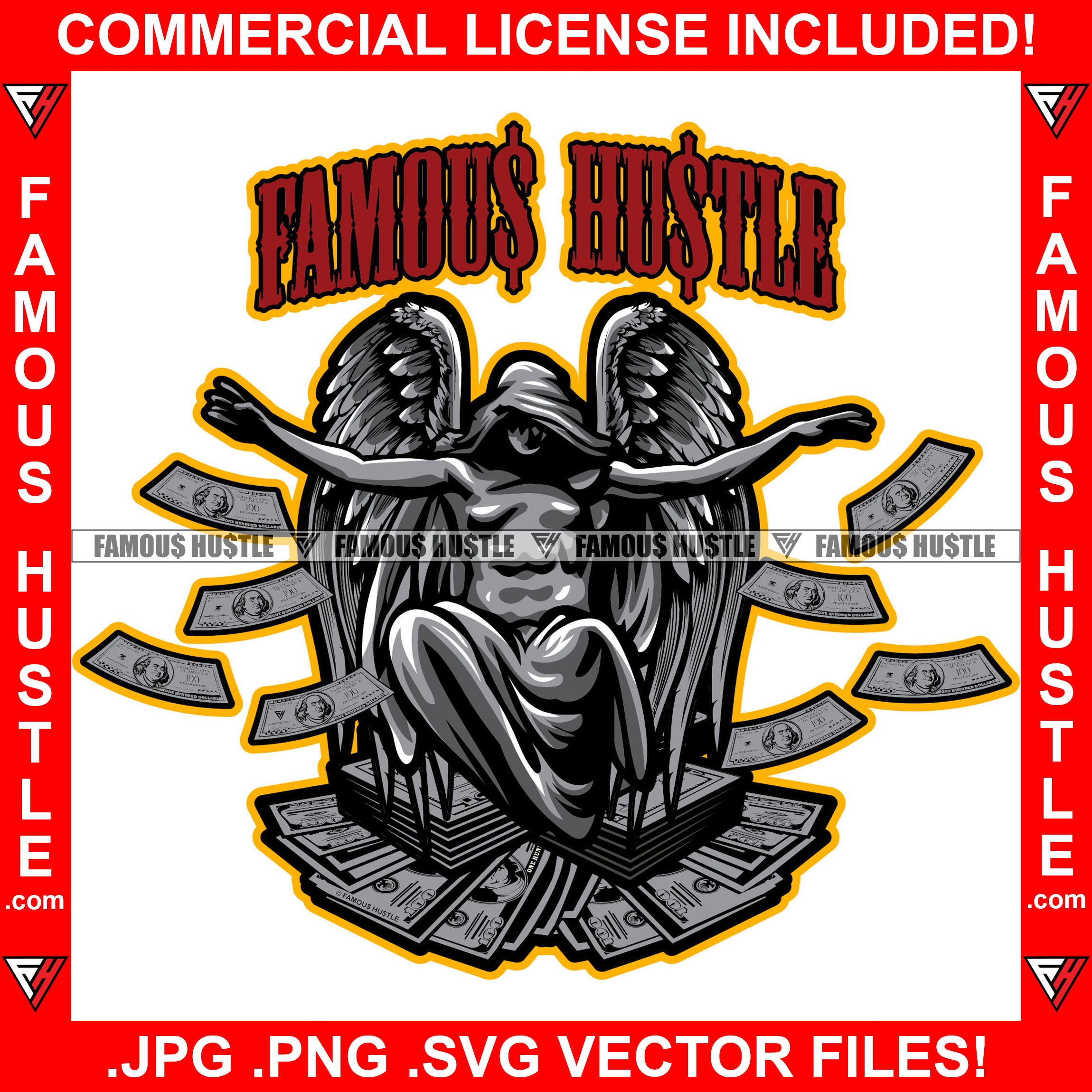Famous Hustle  Gangster Angel Statue Wings Making It Rain Mask Big Money Raining Cash Falling Hip Hop Rap Rapper Trap Street Hood Swag Strip Club Hustler Hustling Drip Rich Quote Art Graphic Design Logo T-Shirt Print Printing JPG PNG SVG Vector Cut File