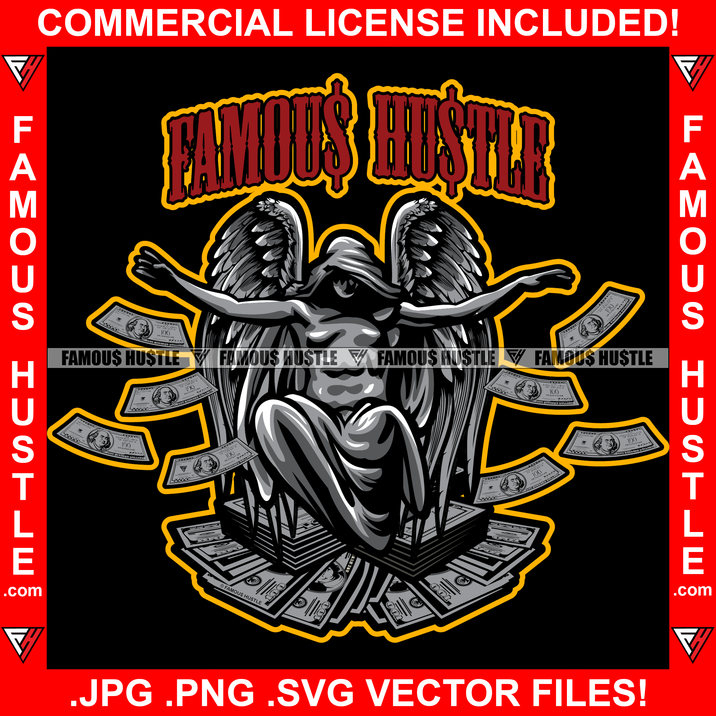 Famous Hustle  Gangster Angel Statue Wings Making It Rain Mask Big Money Raining Cash Falling Hip Hop Rap Rapper Trap Street Hood Swag Strip Club Hustler Hustling Drip Rich Quote Art Graphic Design Logo T-Shirt Print Printing JPG PNG SVG Vector Cut File