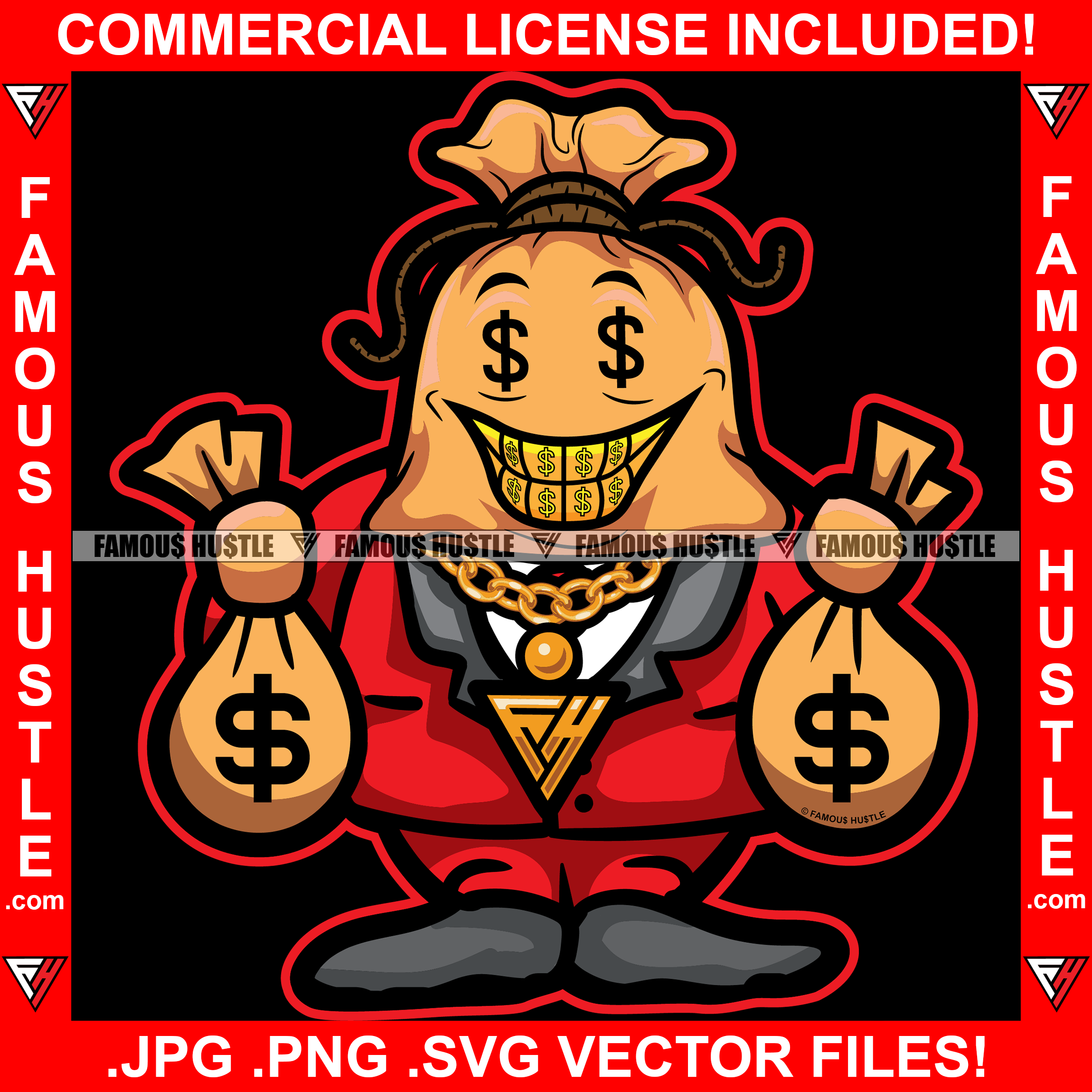 Gangster Money Bag Cartoon Character Wearing Suit Dollar Sign Eyes Gold Jewelry Necklace Teeth Cash Bags In Hands Hood Ghetto Swag Thug Drip Dripping Famous Hustle Hustling Art Graphic Design Logo T-Shirt Print Printing JPG PNG SVG Vector Cut File