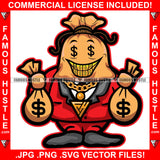 Gangster Money Bag Cartoon Character Wearing Suit Dollar Sign Eyes Gold Jewelry Necklace Teeth Cash Bags In Hands Hood Ghetto Swag Thug Drip Dripping Famous Hustle Hustling Art Graphic Design Logo T-Shirt Print Printing JPG PNG SVG Vector Cut File
