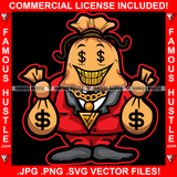 Gangster Money Bag Cartoon Character Wearing Suit Dollar Sign Eyes Gold Jewelry Necklace Teeth Cash Bags In Hands Hood Ghetto Swag Thug Drip Dripping Famous Hustle Hustling Art Graphic Design Logo T-Shirt Print Printing JPG PNG SVG Vector Cut File