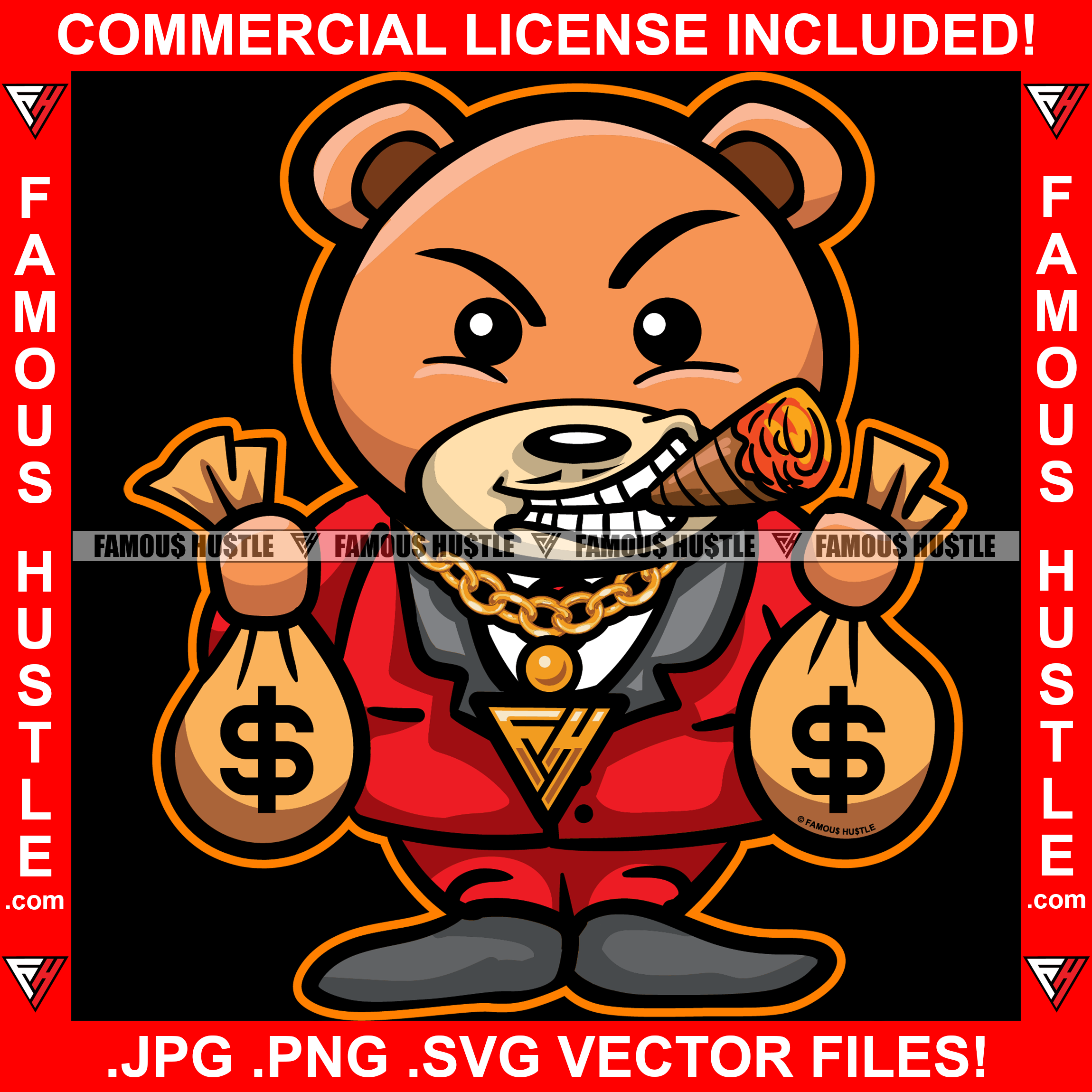 Teddy Bear Business Suit Mean Face Smoking Cigar Gold Necklace Money Bags Hip Hop Rap Rapper Plug Trap Street Hood Ghetto Swag Thug Boss Hustler Hustling Drip Famous Hustle Baller Art Graphic Design Logo T-Shirt Print Printing JPG PNG SVG Vector Cut File