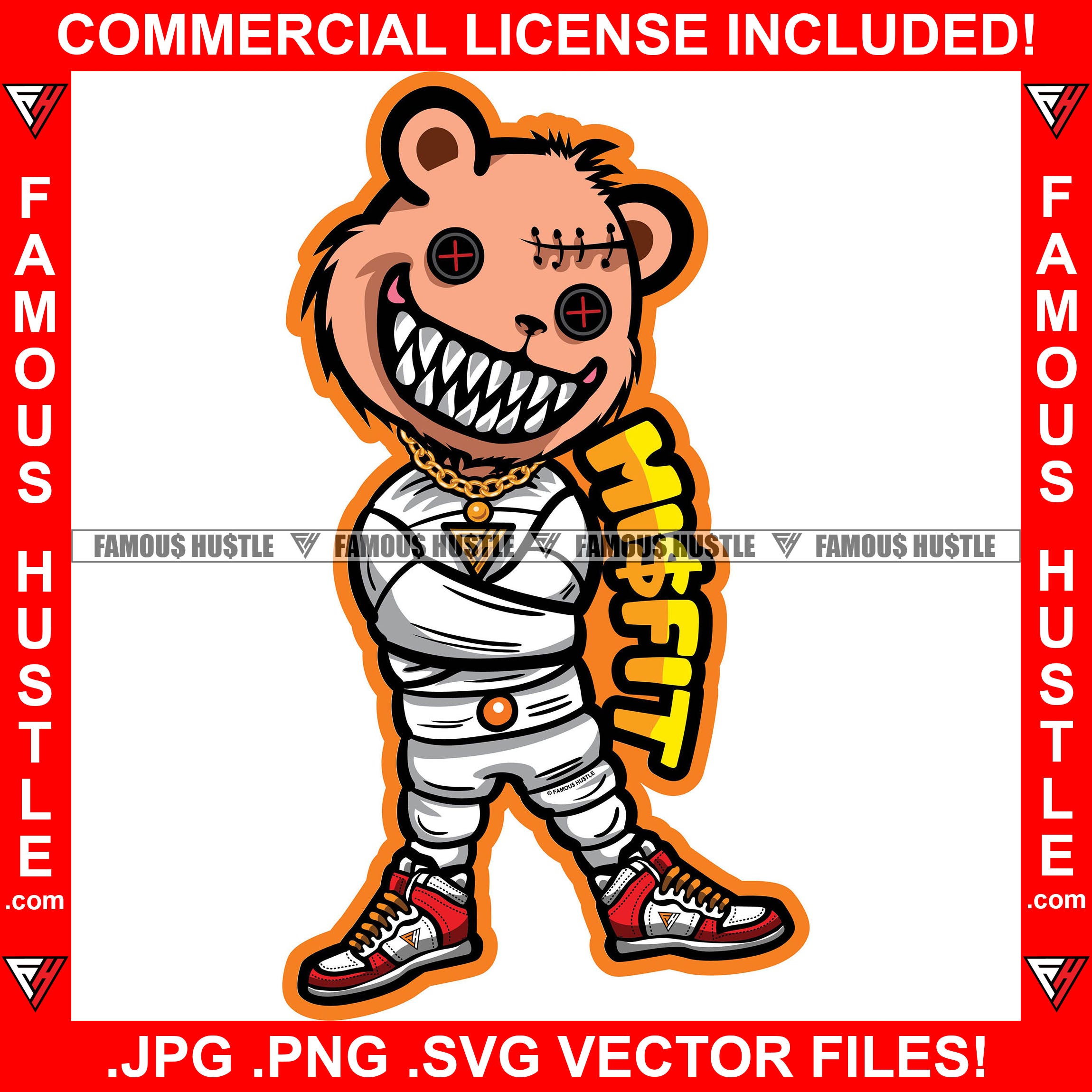Misfit Insane Hustle Teddy Bear In Straight Jacket Gold Chain Necklace Hip Hop Rap Rapper Plug Trap Street Hood Ghetto Swag Thug Hustler Hustling Flex Drip Famous Hustle Horror Art Graphic Design Logo T-Shirt Print Printing JPG PNG SVG Vector Cut File
