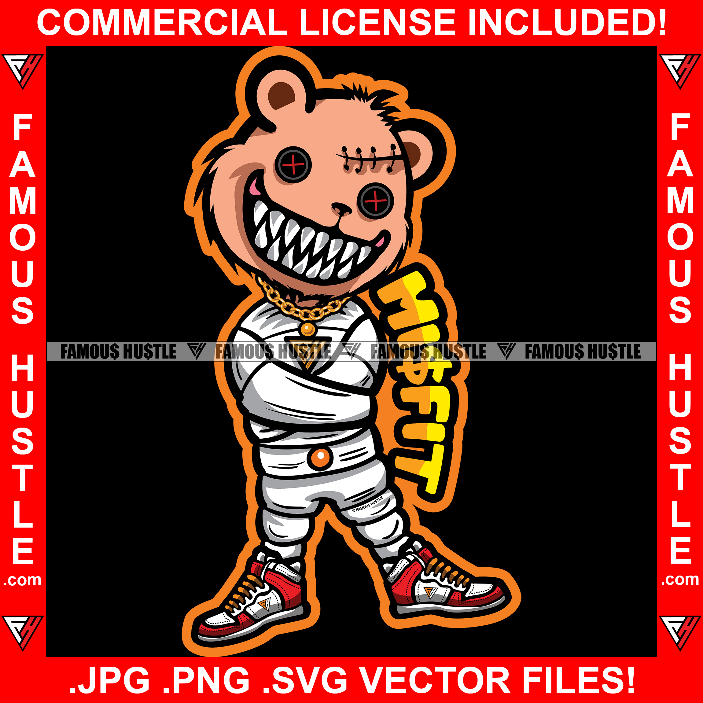 Misfit Insane Hustle Teddy Bear In Straight Jacket Gold Chain Necklace Hip Hop Rap Rapper Plug Trap Street Hood Ghetto Swag Thug Hustler Hustling Flex Drip Famous Hustle Horror Art Graphic Design Logo T-Shirt Print Printing JPG PNG SVG Vector Cut File