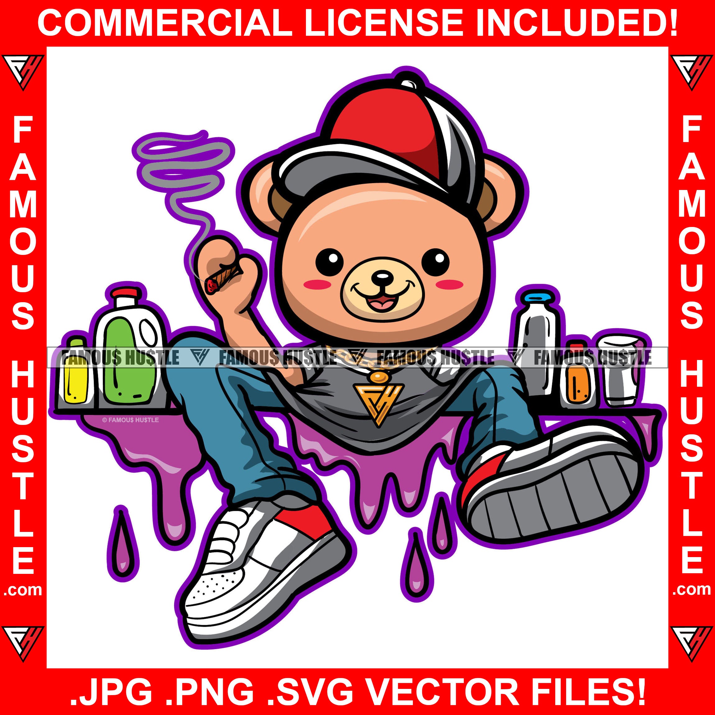 Happy Gangster Teddy Bear Smoking Marijuana Pot Cigar Blunt Making Purple Drink Lean Dripping Drip Tattoo Hip Hop Rap Hustler Boss Plug Trap Hood Thug Gang Street Ghetto Famous Hustle Rapper Art Graphic Design Logo Print Printing Vector SVG Cut File
