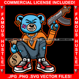 Gangster Blue Teddy Bear Scar Face Jewelry Cash Money Bag Sneakers Machine Gun Tattoo Hip Hop Rap Hustler Drip Plug Trap Hood Rapper Dope Baller Trapper Hustling Famous Hustle Art Graphic Design Logo T-Shirt Print Printing JPG PNG SVG Vector Cut File