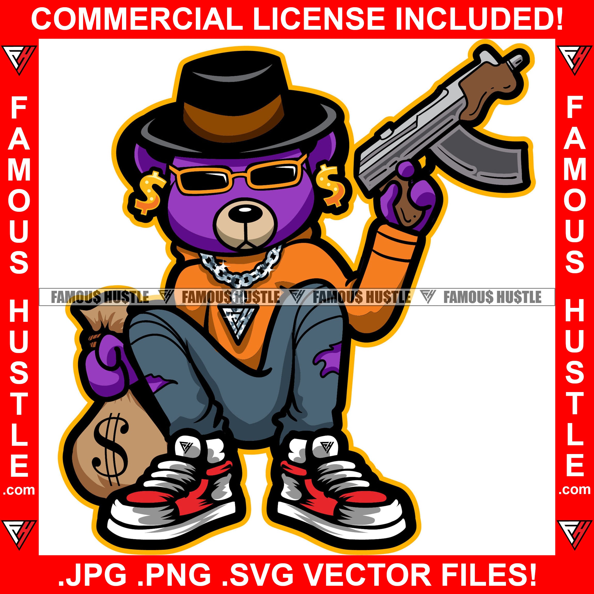 Famous Hustle Gangster Pimp Teddy Bear Gold Dollar Sign Earrings Black Hat Sunglasses Diamond Chain Necklace Machine Gun Cash Money Bag Hip Hop Rap Hustler Drip Plug Trap Hood Art Graphic Design Logo T-Shirt Print Printing JPG PNG SVG Vector Cut File