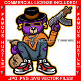 Famous Hustle Gangster Pimp Teddy Bear Gold Dollar Sign Earrings Black Hat Sunglasses Diamond Chain Necklace Machine Gun Cash Money Bag Hip Hop Rap Hustler Drip Plug Trap Hood Art Graphic Design Logo T-Shirt Print Printing JPG PNG SVG Vector Cut File