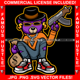 Famous Hustle Gangster Pimp Teddy Bear Gold Dollar Sign Earrings Black Hat Sunglasses Diamond Chain Necklace Machine Gun Cash Money Bag Hip Hop Rap Hustler Drip Plug Trap Hood Art Graphic Design Logo T-Shirt Print Printing JPG PNG SVG Vector Cut File