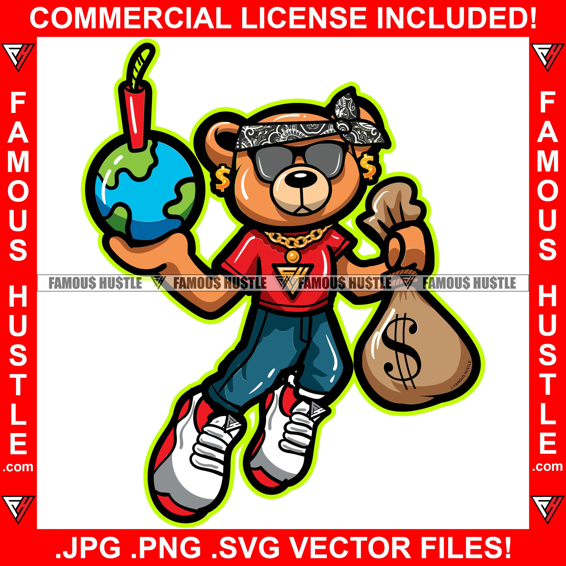 Gangster Teddy Bear Gold Chain Necklace Holding Cash Money Bags Globe Dynamite Fireworks Hip Hop Rap Trap Street Hood Ghetto Swag Rapper Dope Baller Trapper Hustling Flex Dripping Art Graphic Design Logo T-Shirt Print Printing JPG PNG SVG Vector Cut File