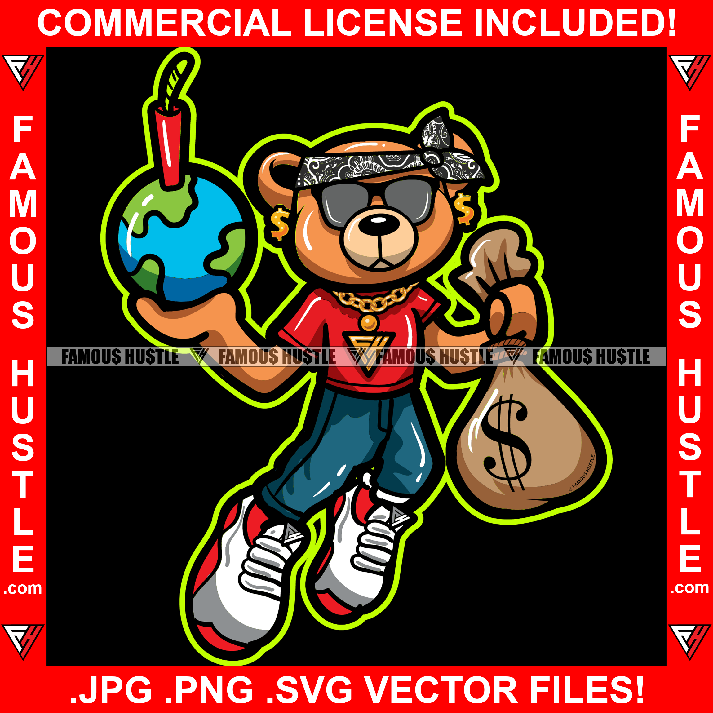 Gangster Teddy Bear Gold Chain Necklace Holding Cash Money Bags Globe Dynamite Fireworks Hip Hop Rap Trap Street Hood Ghetto Swag Rapper Dope Baller Trapper Hustling Flex Dripping Art Graphic Design Logo T-Shirt Print Printing JPG PNG SVG Vector Cut File