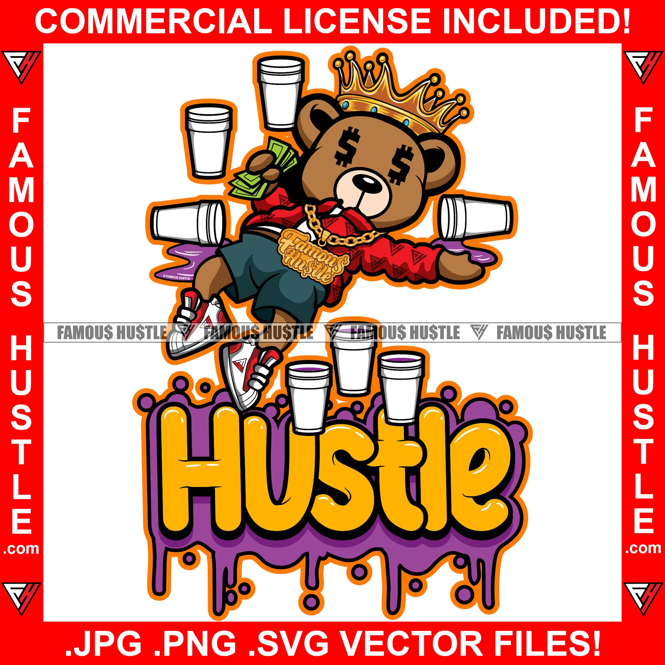 Hustle Dripping Teddy Bear King Passed Out Dollar Sign Eyes Lean Purple Drink Gold Chain Necklace Money Hand Hip Hop Rap Rapper Plug Trap Street Hood Ghetto Thug Grind Drip Quote Art Graphic Design Logo T-Shirt Print Printing JPG PNG SVG Vector Cut File