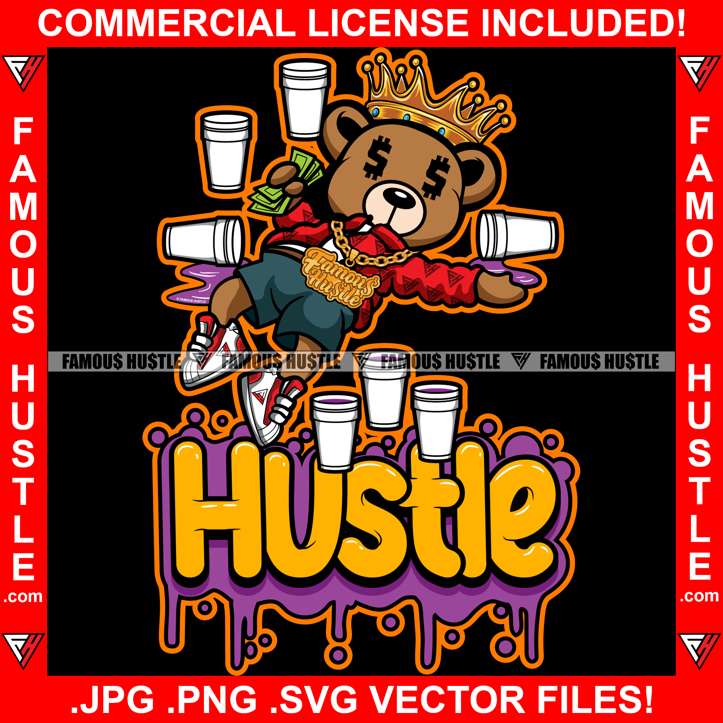 Hustle Dripping Teddy Bear King Passed Out Dollar Sign Eyes Lean Purple Drink Gold Chain Necklace Money Hand Hip Hop Rap Rapper Plug Trap Street Hood Ghetto Thug Grind Drip Quote Art Graphic Design Logo T-Shirt Print Printing JPG PNG SVG Vector Cut File