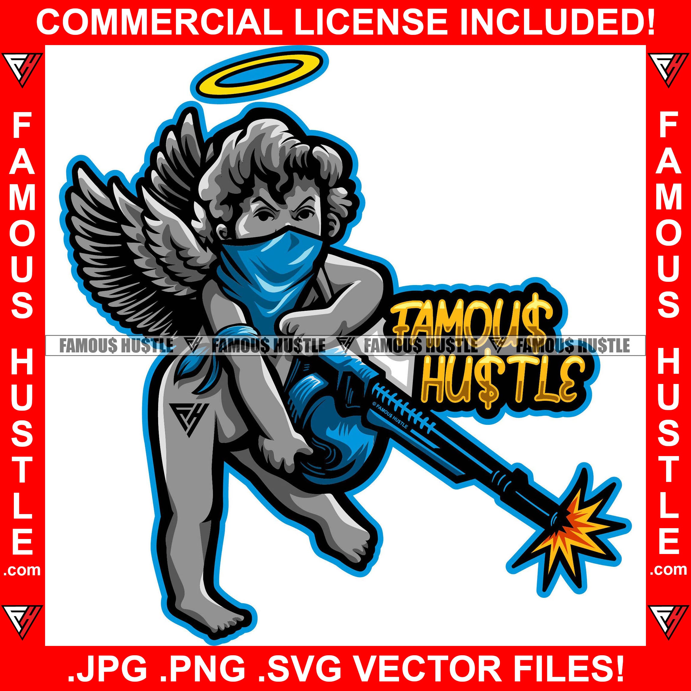 Famous Hustle Gangster Angel Wings Halo Statue Bandanna Face Mask AK-47 Machine Gun And Shooting Hip Hop Rap Trap Street Hood Ghetto Swag Thug Boss Hustler Hustling Drip Quote Art Graphic Design Logo T-Shirt Print Printing JPG PNG SVG Vector Cut File