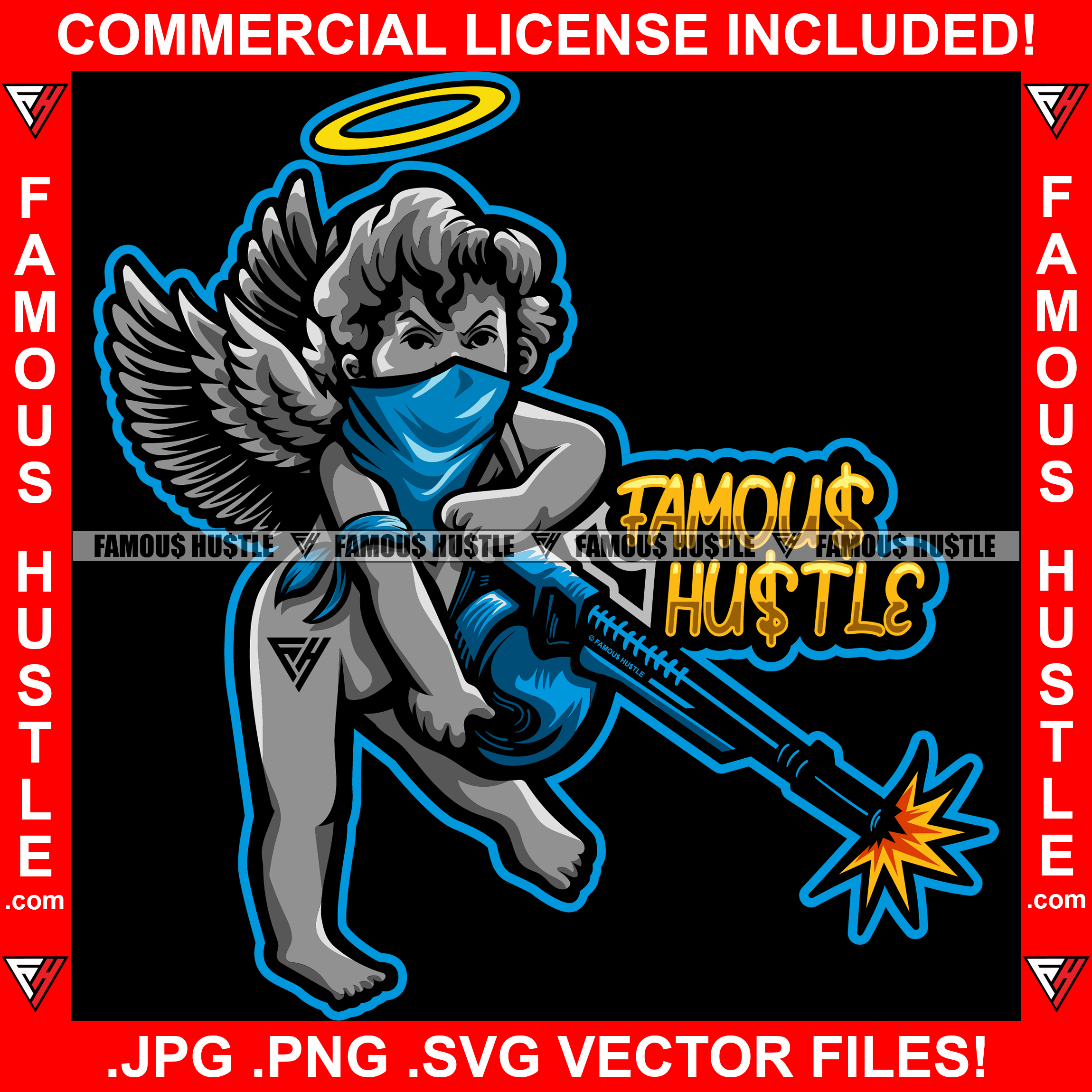 Famous Hustle Gangster Angel Wings Halo Statue Bandanna Face Mask AK-47 Machine Gun And Shooting Hip Hop Rap Trap Street Hood Ghetto Swag Thug Boss Hustler Hustling Drip Quote Art Graphic Design Logo T-Shirt Print Printing JPG PNG SVG Vector Cut File